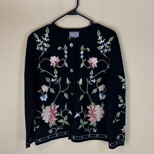 Vintage  Petite Carroll Reed Black Wool Floral Embroidered Button Up Jacket